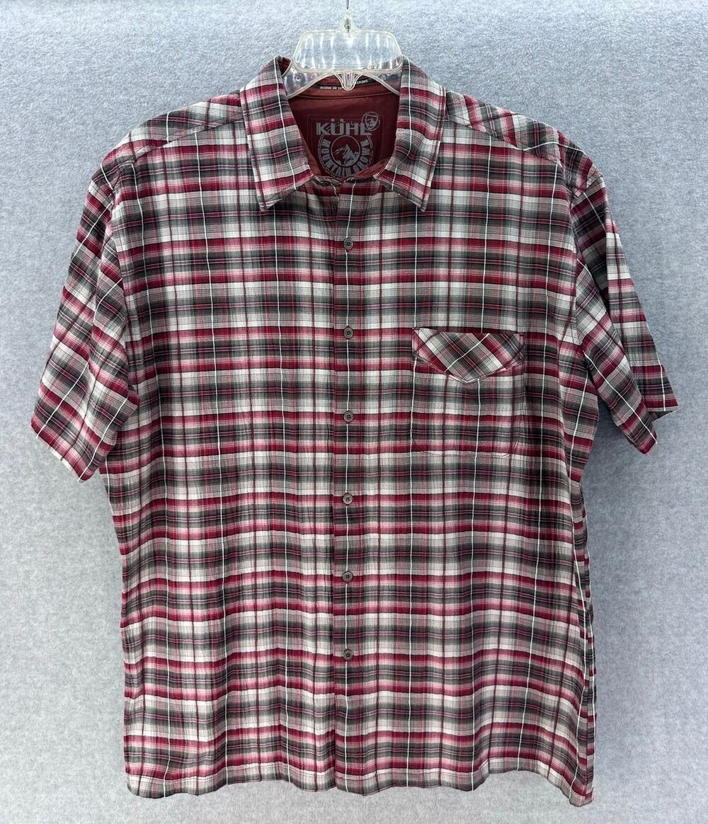Kuhl Men's sz XXL Button Up Plaid Short Sleeve Shirt Red Burgundy Black Outdoors